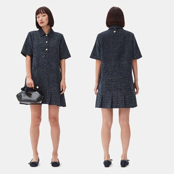 NWT Ganni Short-Sleeved Raglan Button Collared Denim Mini Dress Black Size:  Med